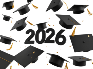 Floating 3D Graduation Year “2026” with Flying Caps Around, Dynamic Layout