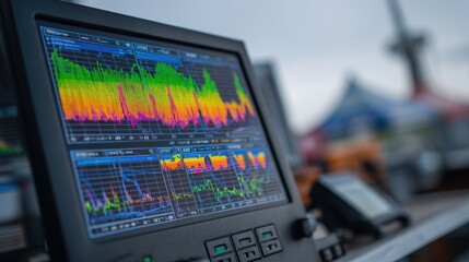 Close medium shot of a digital calibration interface on an airquality station focus on screen readouts with the station structure and environment blurred.