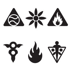 Black graphic symbols including elemental and human figures white