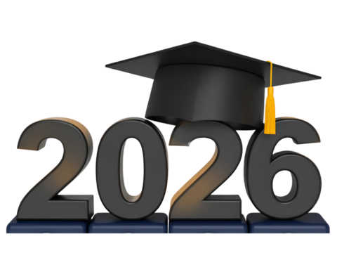 Stacked 3D Numbers “2026” in Graduation Theme, Cap on Top Digit, Vertical Composition, on a transparent background PNG