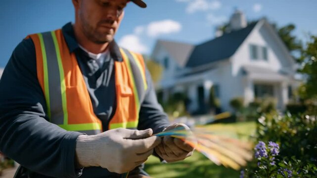Skilled worker expertly splices glowing fiber optic cables outdoors, with residential homes softly blurred in the background.