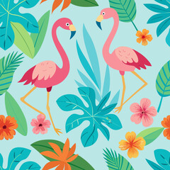 Vibrant seamless pattern of tropical flowers and elegant flamingo birds