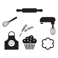 Baking tools and ingredients including a rolling pin whisk mixer apron cupcake and wheat cooking