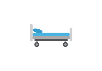 Isolated Hospital Bed with Blue Mattress and Pillow on Wheels.
