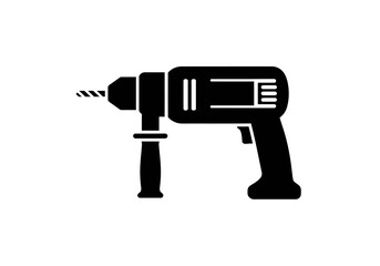 Black Silhouette of a Cordless Drill with Side Handle and Drill Bit.