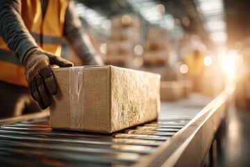 Close-up shot of a worker handling a cardboard box on a conveyor belt, depicting logistics and the industrial process, emphasizing safety and efficiency in a warehouse setting.