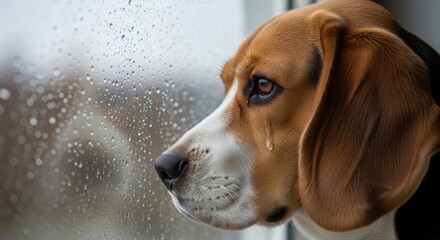 Sad beagle dog gazes out rainy window anticipating owner's return warmth