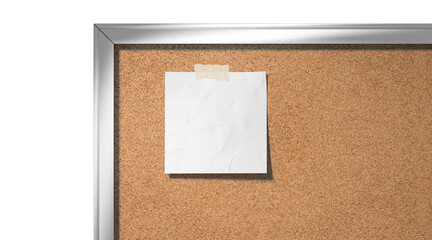 Fototapeta premium Blank white paper note taped cork-board mockup, depth of field