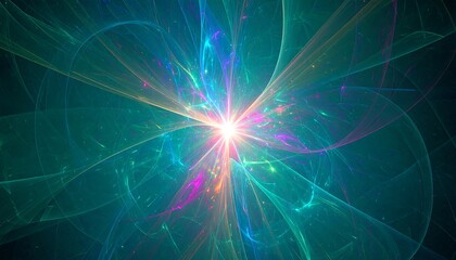 Fototapeta premium A vibrant, radiating design features a central point of light surrounded by swirling, translucent teal, turquoise, and pastel lines.