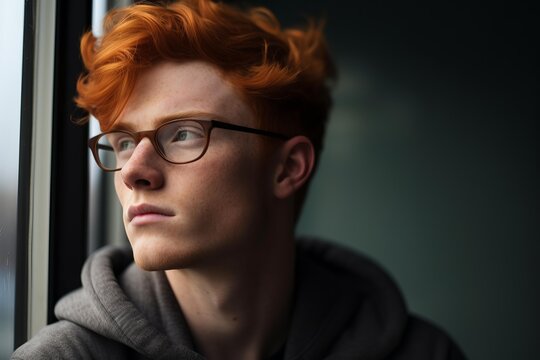 Portrait of a thoughtful redhead student wearing glasses and gazing out a window, contemplating something in the distance - Powered by Adobe