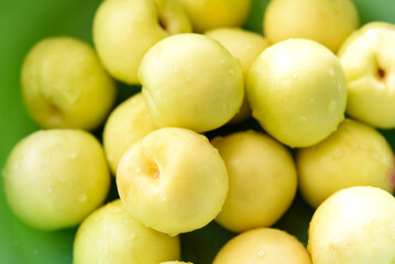 A ripe yellow plum in a green basin. Juicy fruit. Ripe plums in drops of water.