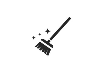Simple Black Broom Icon with Sparkling Stars for Cleaning.