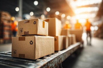 A stack of cardboard boxes sit on a conveyor belt in a modern warehouse setting, ready for shipping and distribution, ensuring efficient supply chain management.