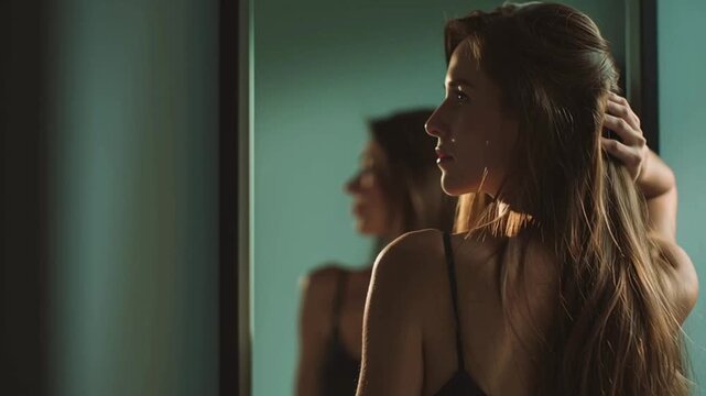 A woman thoughtfully gazes at her reflection in the mirror, showcasing her natural beauty and poise. The intimate scene evokes a sense of self-reflection and inner peace.