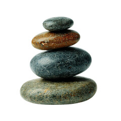 Four polished stones stacked with smallest on top. Isolated white background. Png format