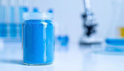 Glass jar with blue powdered reagent. Scientific and pharmaceutical research. Laboratory experiments