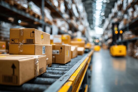 An inside view of a busy warehouse, featuring packages on a conveyor belt system, forklift operating in the background, and organized shelves filled with goods, showcasing logistics efficiency.