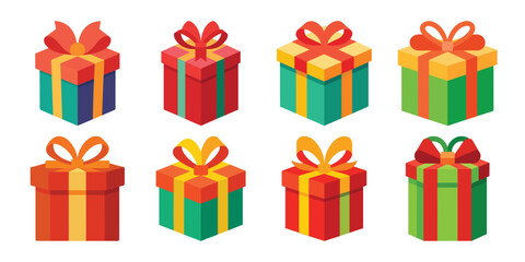 Collection of Colorful Christmas Gift Boxes with Ribbons and Bows in Isometric View