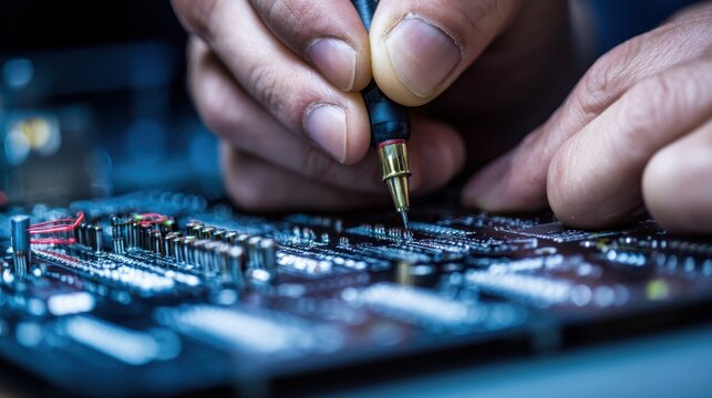 Close medium shot of engineers hands marking test points on a DFMDFT board main board in sharp focus with blurry background workspace.