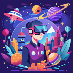 Naklejka premium A vibrant vector artwork showing VR technology with a person wearing a headset, exploring virtual worlds of gaming, education, and adventure in a futuristic style.