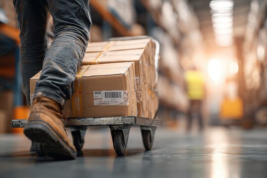A focused view on a worker transporting cardboard boxes with a trolley in a busy warehouse, capturing logistics and distribution in a dynamic setting with blurred background.