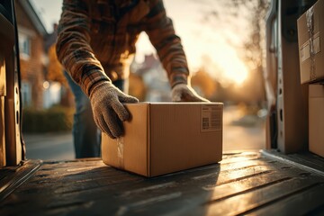 Delivery man carefully placing a cardboard box in a van, getting it ready for delivery, wearing flannel shirt and gloves, bright sunlight in the background.