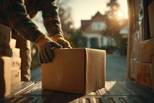 Close up of a delivery man unloading boxes from a van on a sunny day, home delivery service with a focus on safety and care, ensuring timely arrival. - Powered by Adobe