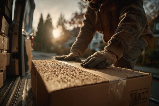 A delivery worker carefully loads a cardboard box in the back of a van on a bright day, ensuring the safe transport of goods for efficient and timely service.