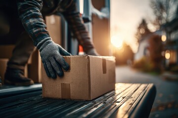 A mover loads a cardboard box onto the back of a truck during a golden sunset, preparing for relocation with care and efficiency for the upcoming delivery day.