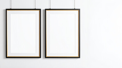 Two elegant vertical picture frames with black borders and thin gold inner edges hang from delicate black cords against a stark white wall, each containing a blank white space for displaying art or ph