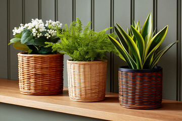 Three indoor plants in decorative wicker pots. An eco-brand of products made from wicker or recycled materials as an alternative to plastic.