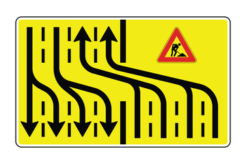 Road Works Lane Merge Sign – Five Lanes Merging into Three with Construction Warning  High-Visibility Vector for Traffic Infrastructure and Safety Systems