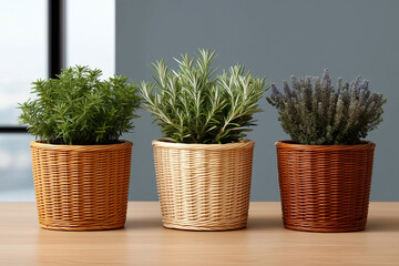 Three indoor plants in decorative wicker pots. Eco-style home decor that creates coziness and a natural atmosphere.