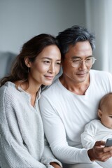 Obraz premium Middle-aged Asian parents sharing different parenting views while nurturing their baby in a cozy indoor setting