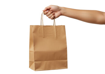 Hand holding a brown paper shopping bag, close up isolated on transparent background
