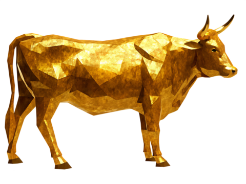 Golden bull sculpture isolated on a transparent background