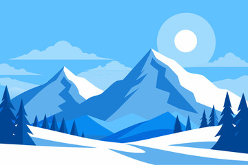 Stylized winter mountain landscape with snow and trees