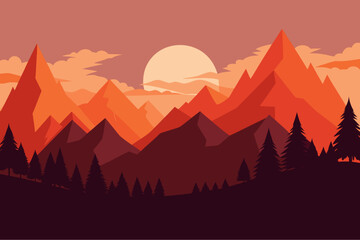 Vibrant sunset over jagged mountain peaks and pine forest