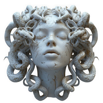 A stone sculpture of medusas head with snakes for hair, isolated on a transparent background