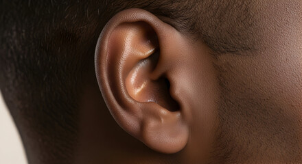 Naklejka premium Closeup of a dark brown human ear showcasing intricate details and natural texture ideal for medical educational materials or beauty product advertising