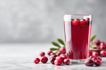 Refreshing rich cranberry juice served in a tall glass with fresh cranberries on a white marble background
