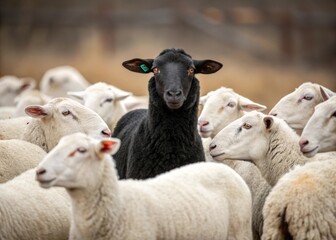 Fototapeta premium Thought-provoking image of a black sheep among white ones, symbolizing non-conformity, inner strength, and the emotional journey of self-expression 