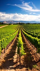 Lush vineyard rows stretch to a distant mountain range under a vibrant sky