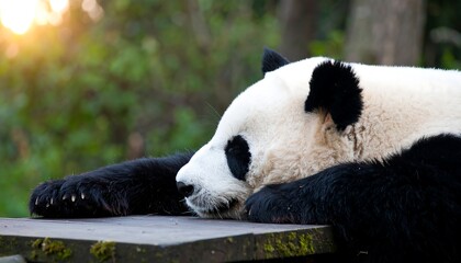 A sleepy giant panda rests peacefully on a wooden surface, bathed in soft morning light.