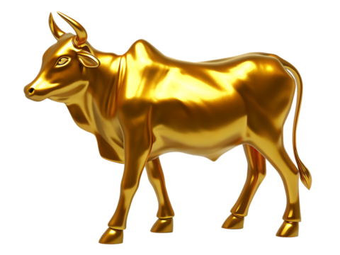 Golden bull statue isolated on a transparent background