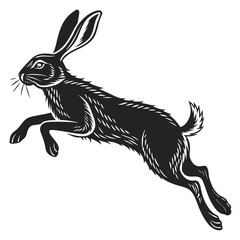 Leaping Hare: Vintage Black and White Woodcut Style Illustration, Energetic, Wild Animal Design