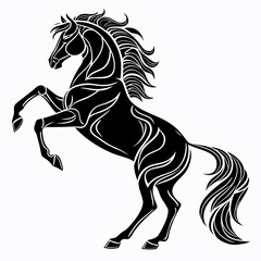 Elegant Black Horse Silhouette Galloping in Grassland:  Vector Illustration