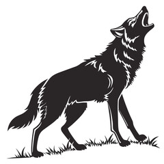 Majestic howling wolf silhouette, black and white vector illustration, wild nature graphic.