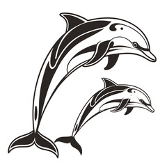 Naklejka premium Two stylized leaping dolphins; black and white vector illustration; playful, elegant design.