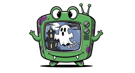 Naklejka premium Cartoon television monster displaying a haunted house and ghost scene for halloween night